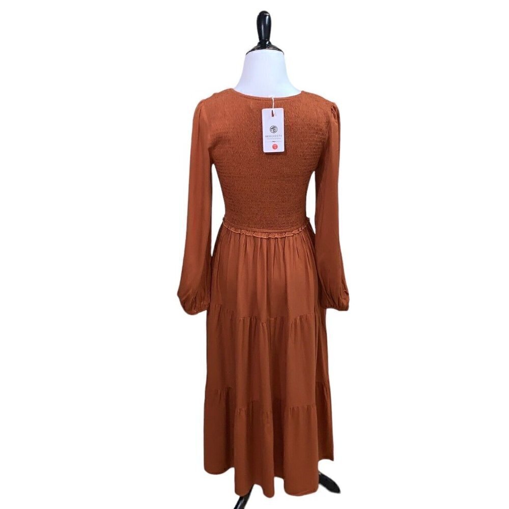 MEROKEETY Women's S Small Boho Midi Dress Long Sleeve V-Neck High Waist Tiered - Picture 6 of 8